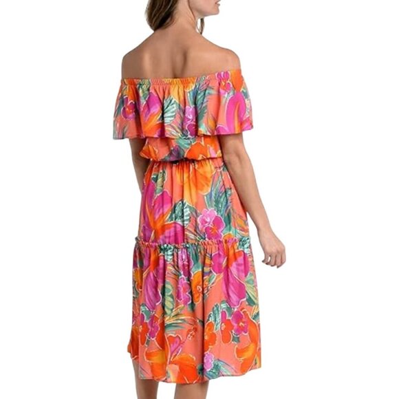 La Blanca Womens Off-The-Shoulder Floral Cover-Up Dress Hot Coral Size Large - Picture 2 of 11